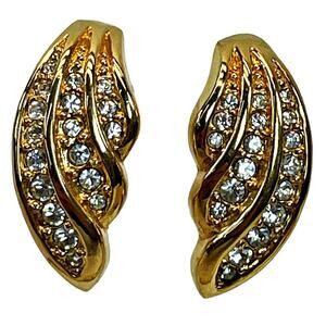 SAL Wing Feather Swarovski Rhinestone Gold-Tone Clip on Earrings 3/4" Pageant